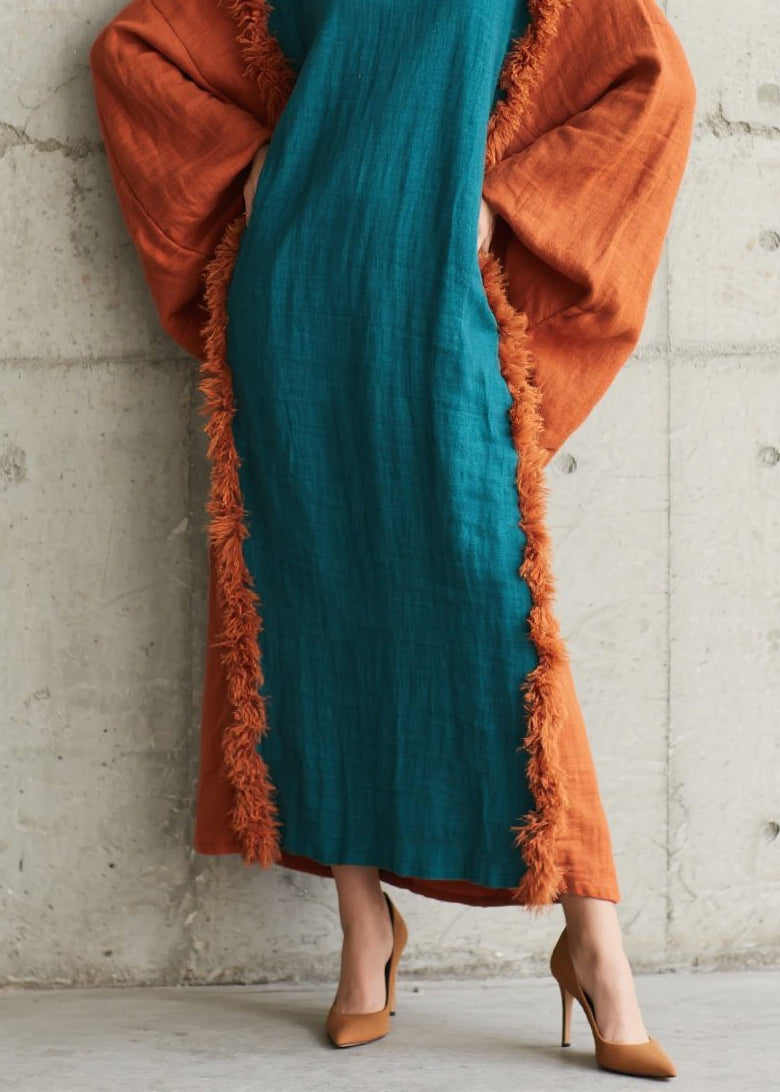 Art Colorblock O Neck Fuzzy Fur Patchwork Cotton Dress Fall