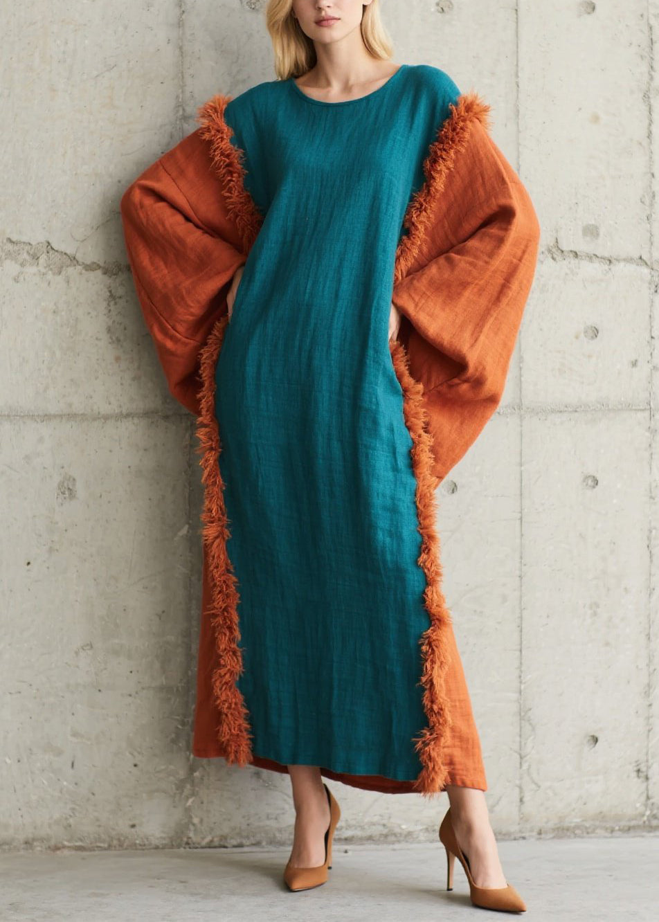 Art Colorblock O Neck Fuzzy Fur Patchwork Cotton Dress Fall