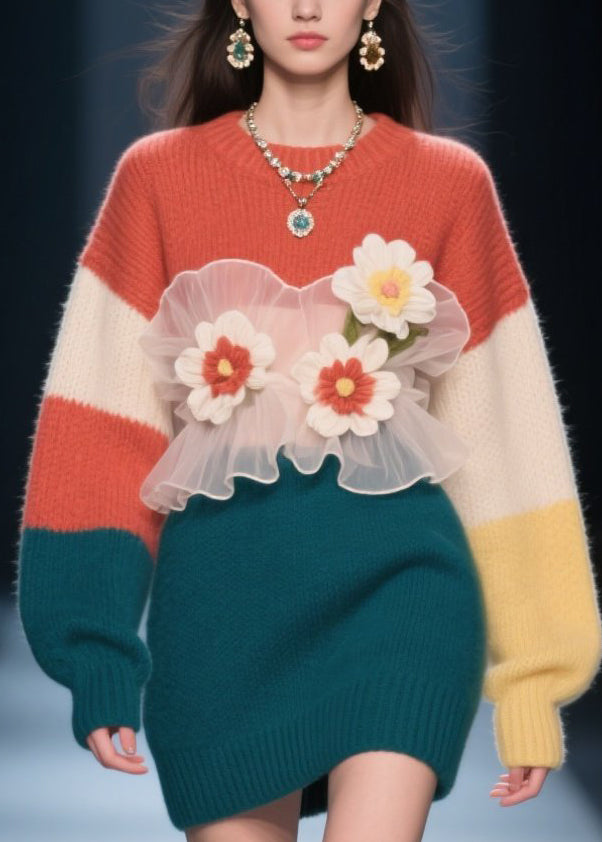 Art Colorblock O Neck Tulle Floral Knit Dress Winter