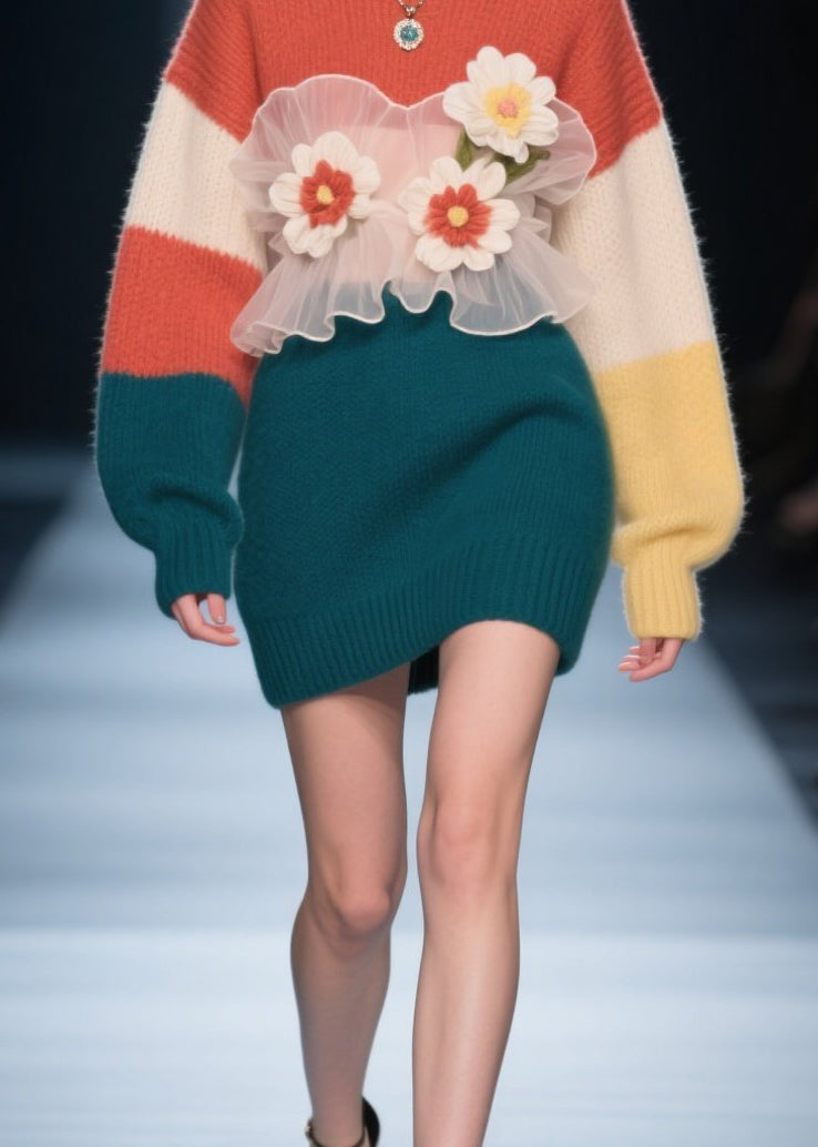 Art Colorblock O Neck Tulle Floral Knit Dress Winter