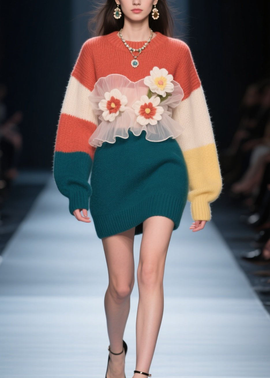 Art Colorblock O Neck Tulle Floral Knit Dress Winter
