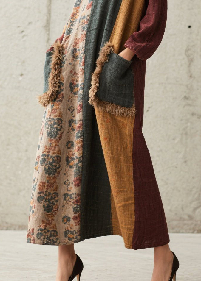 Art Colorblock Oversized Patchwork Faux Fur With Pockets Vacation Dress Fall
