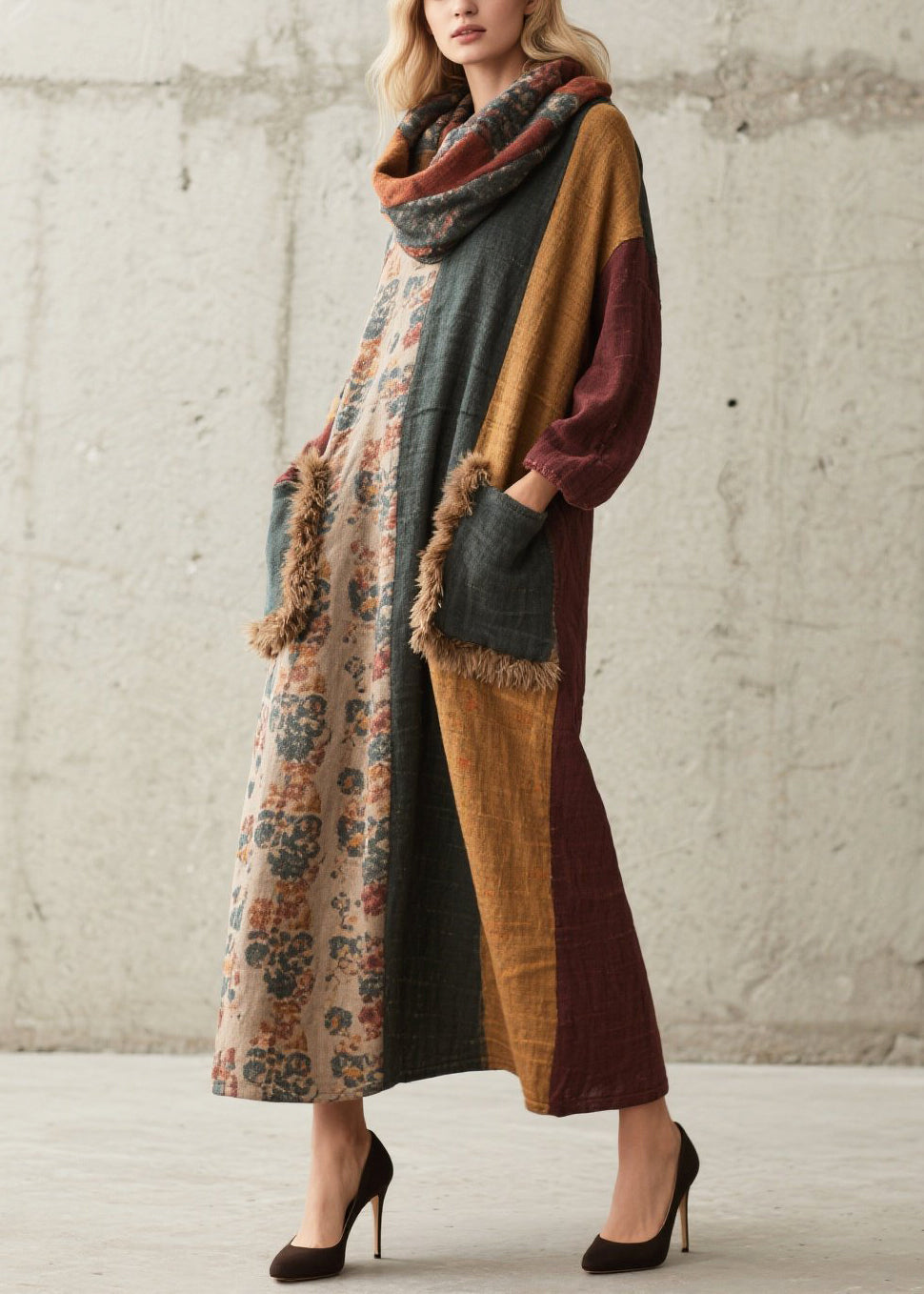 Art Colorblock Oversized Patchwork Faux Fur With Pockets Vacation Dress Fall