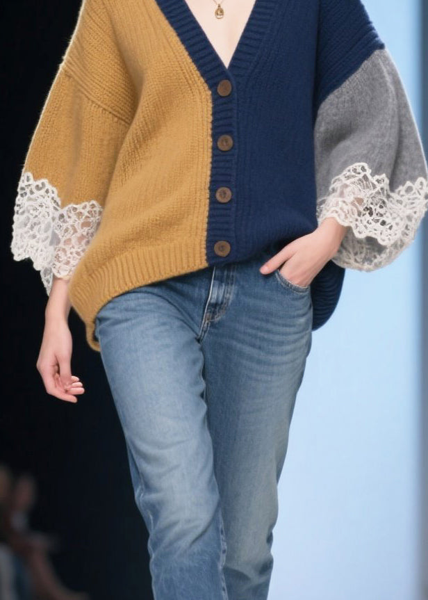 Art Colorblock Oversized Patchwork Lace Knit Cardigans Winter