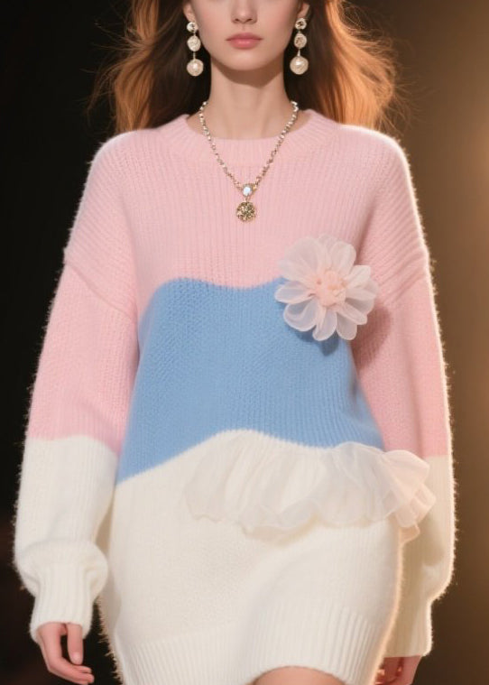 Art Colorblock Ruffled Floral Knit Sweater Dress Winter