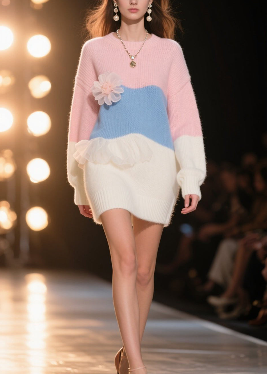 Art Colorblock Ruffled Floral Knit Sweater Dress Winter