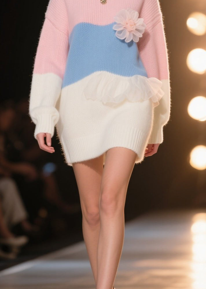 Art Colorblock Ruffled Floral Knit Sweater Dress Winter