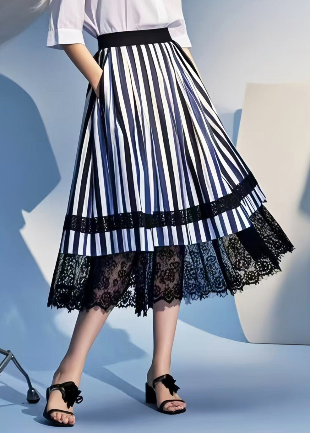 Art Colorblock Striped Patchwork Lace Skirts Summer