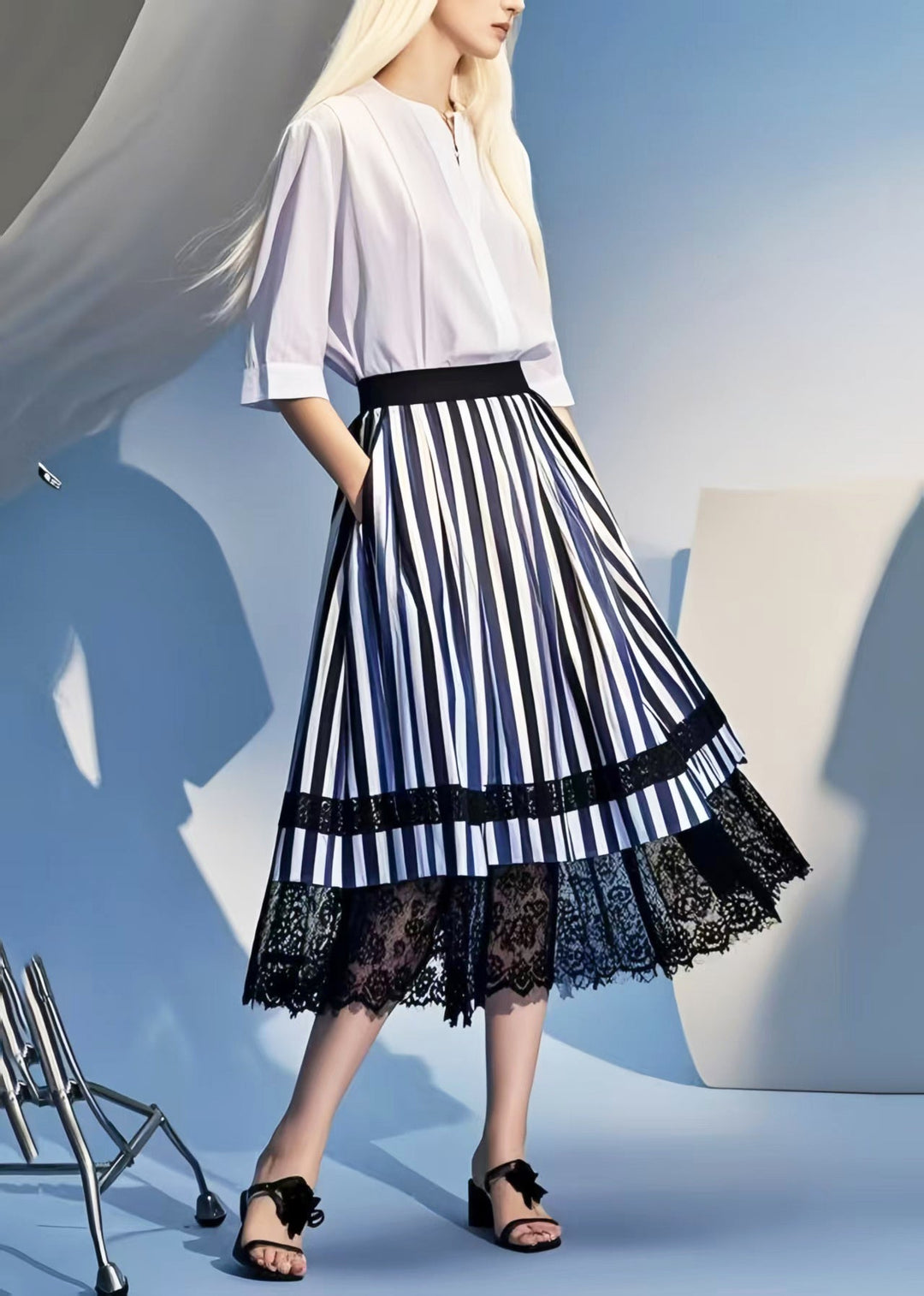 Art Colorblock Striped Patchwork Lace Skirts Summer