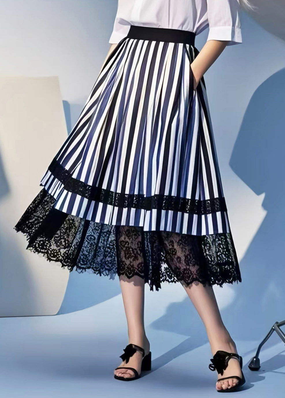 Art Colorblock Striped Patchwork Lace Skirts Summer