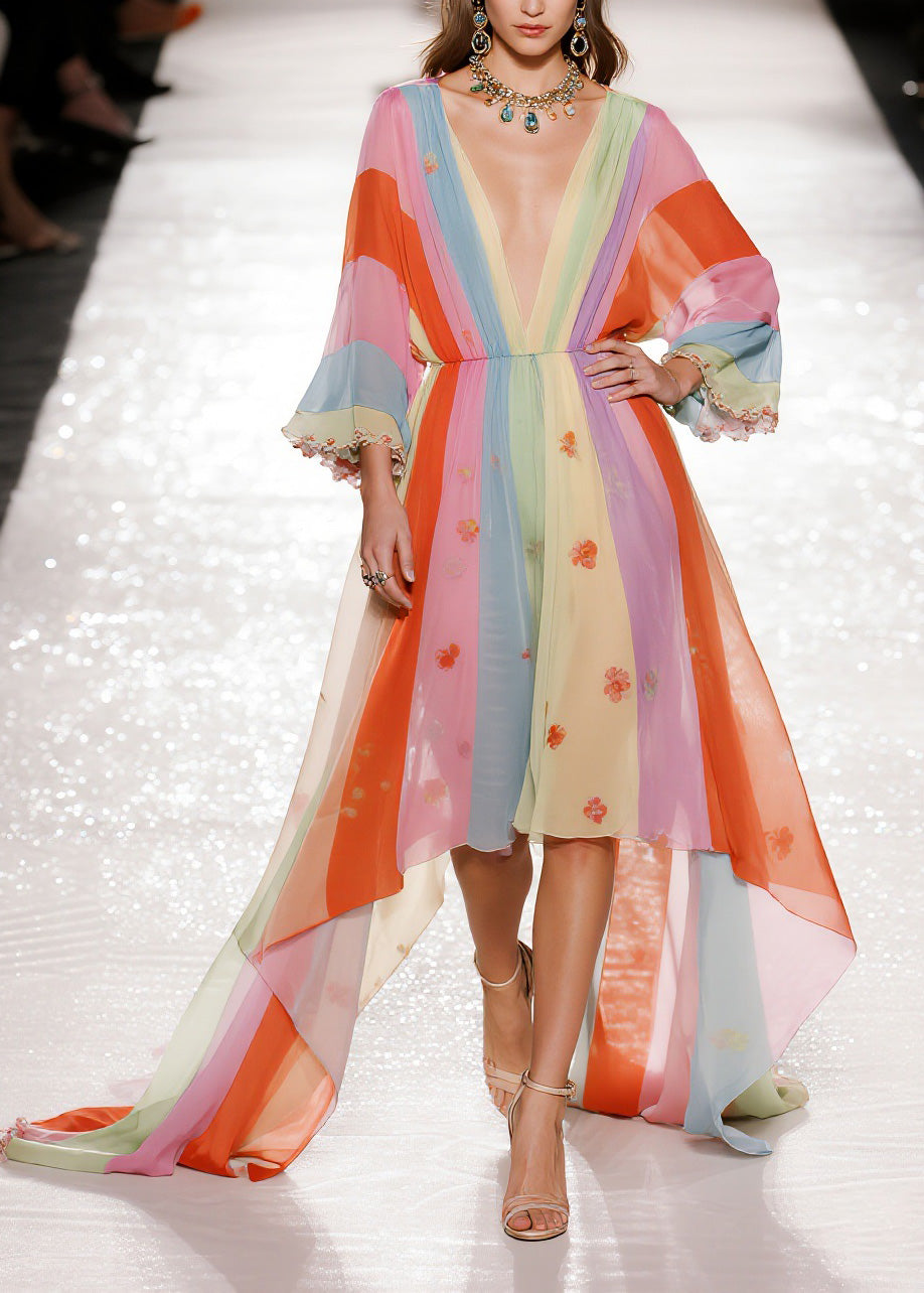 Art Colorblock V Neck Asymmetrical Design Chiffon Dresses Spring