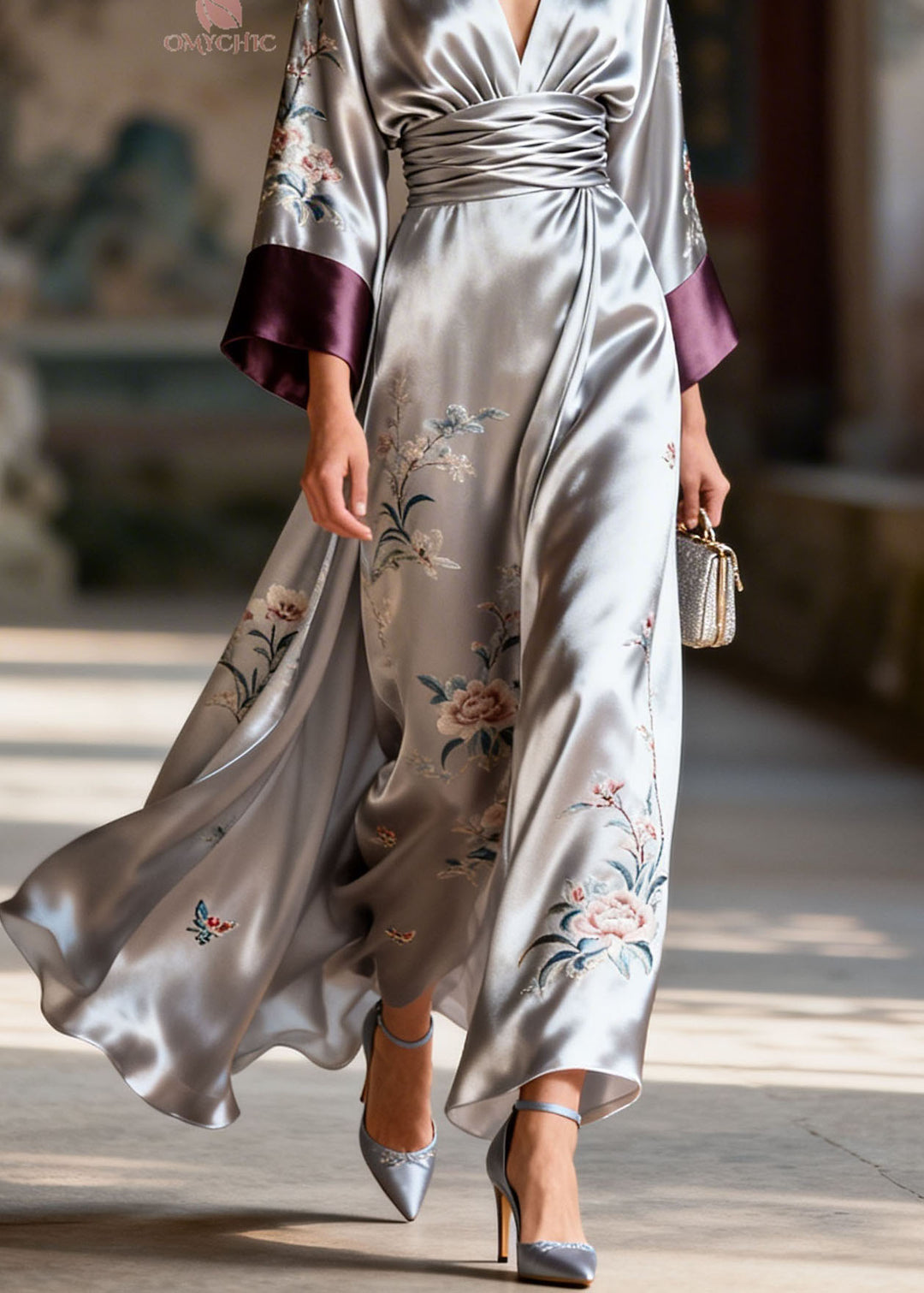 Art Colorblock V Neck Print Patchwork Silk Dresses Summer