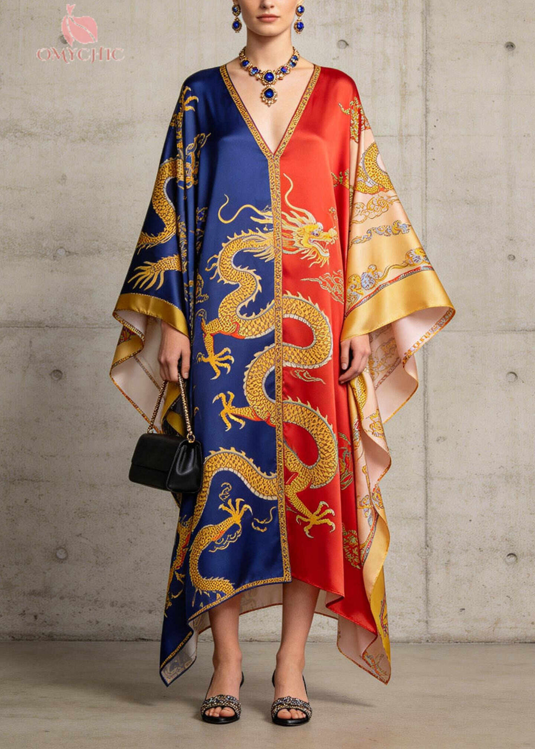 Art ColorblockC Oversized Print Silk Dress Batwing Sleeve