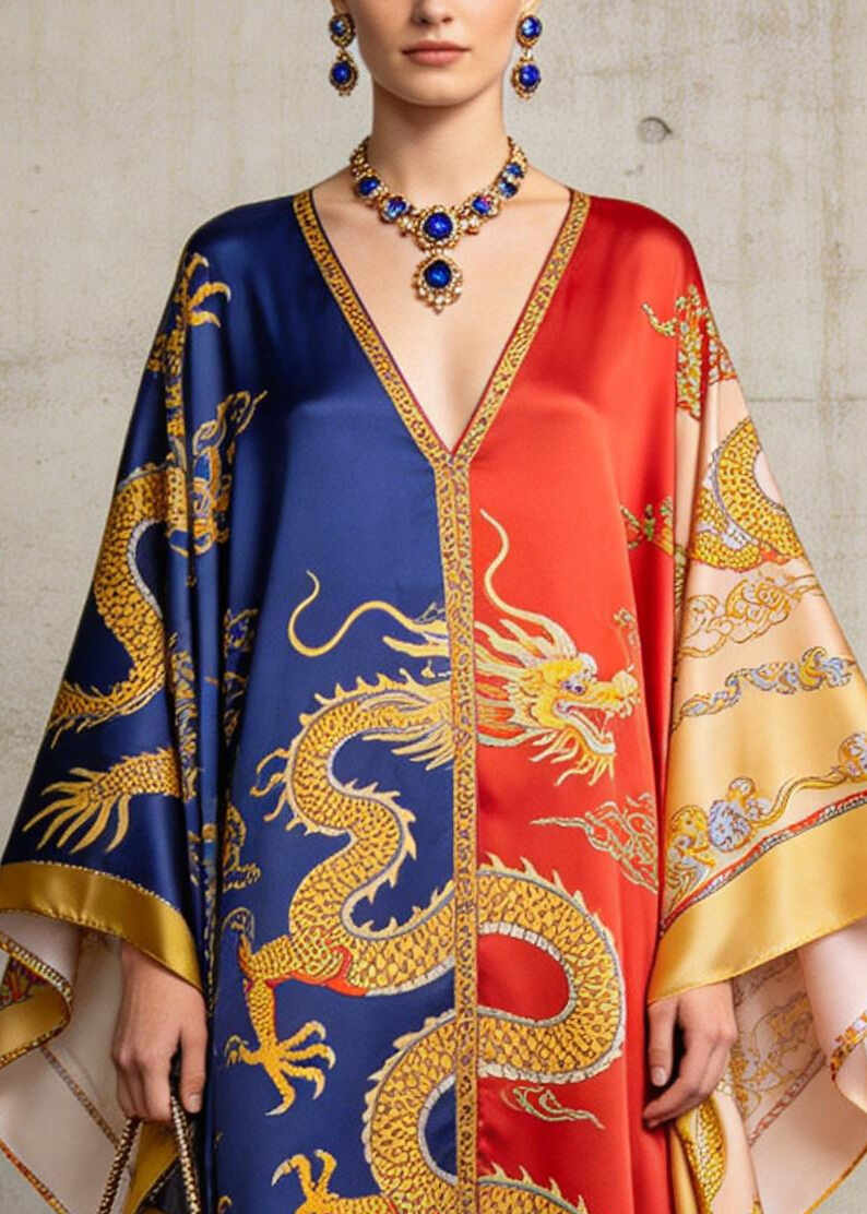 Art ColorblockC Oversized Print Silk Dress Batwing Sleeve