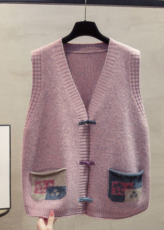 Art Dark Blue Chinese Button Patchwork Pockets Knitted Vests Winter