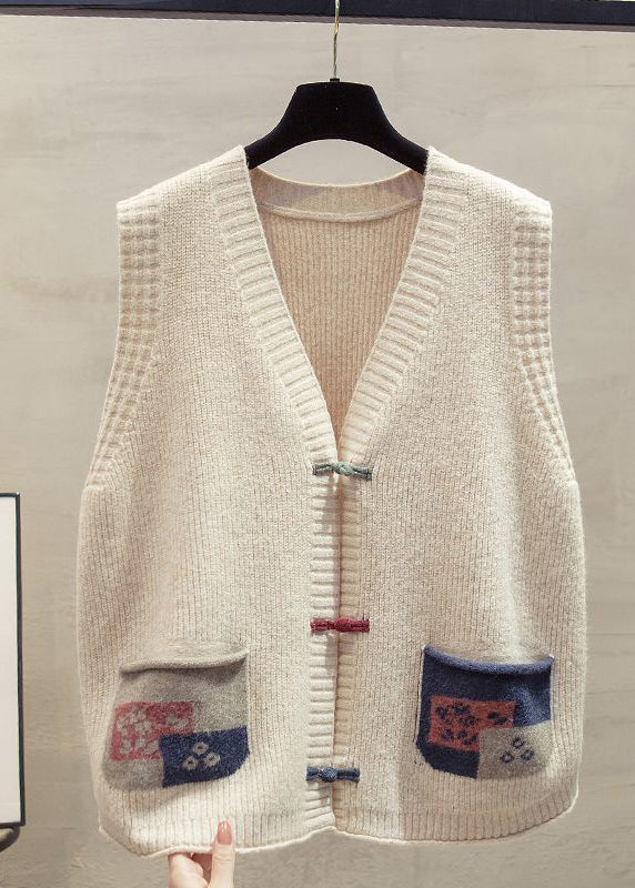 Art Dark Blue Chinese Button Patchwork Pockets Knitted Vests Winter