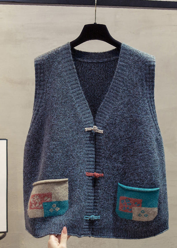 Art Dark Blue Chinese Button Patchwork Pockets Knitted Vests Winter