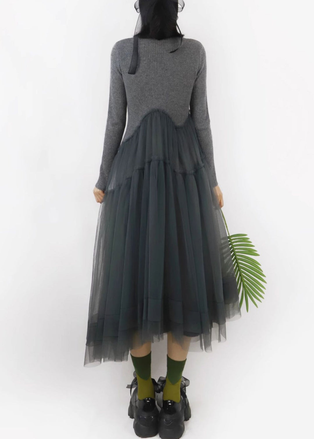 Art Dark Gray Asymmetrical Tulle Patchwork Sweater Dress Winter