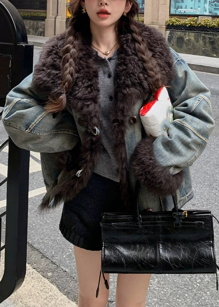 Art Denim Blue Fur Collar Pockets Patchwork Jackets Winter