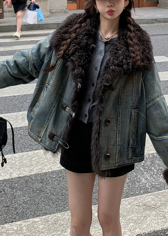 Art Denim Blue Fur Collar Pockets Patchwork Jackets Winter