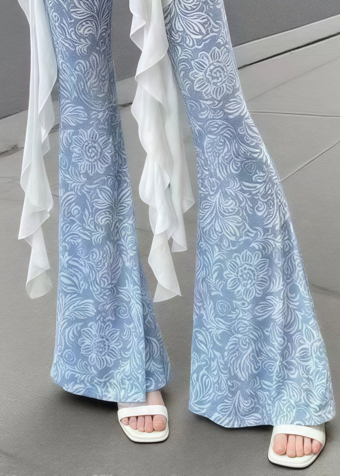 Art Denim Blue Print Tummy Control Tulle Bell-bottom Trousers Summer