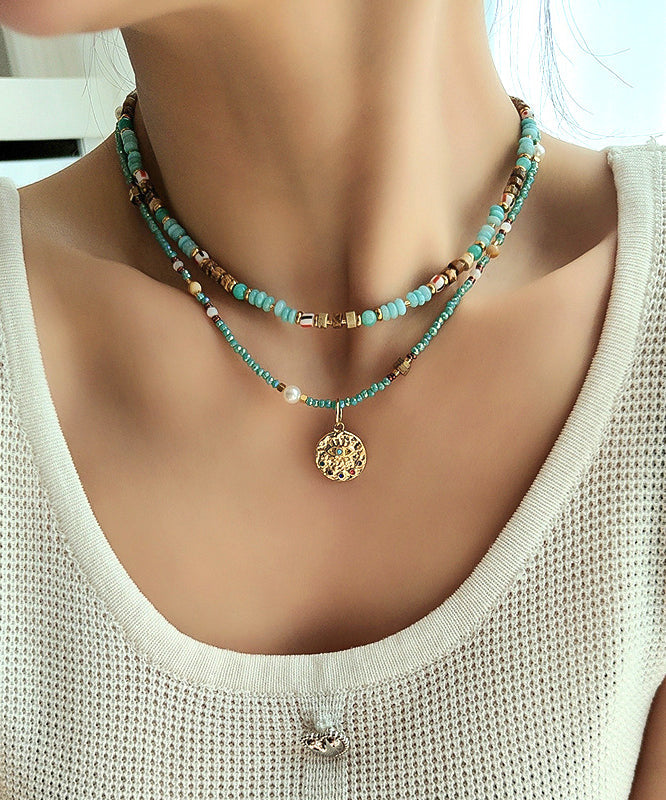 Art Double Layered Stacking Turquoise Pendant Necklace Two Piece Set