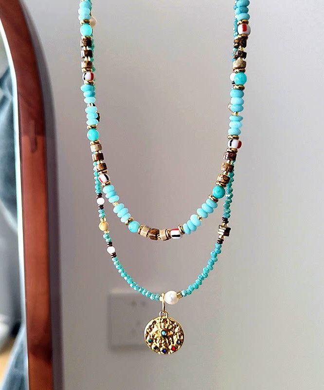 Art Double Layered Stacking Turquoise Pendant Necklace Two Piece Set