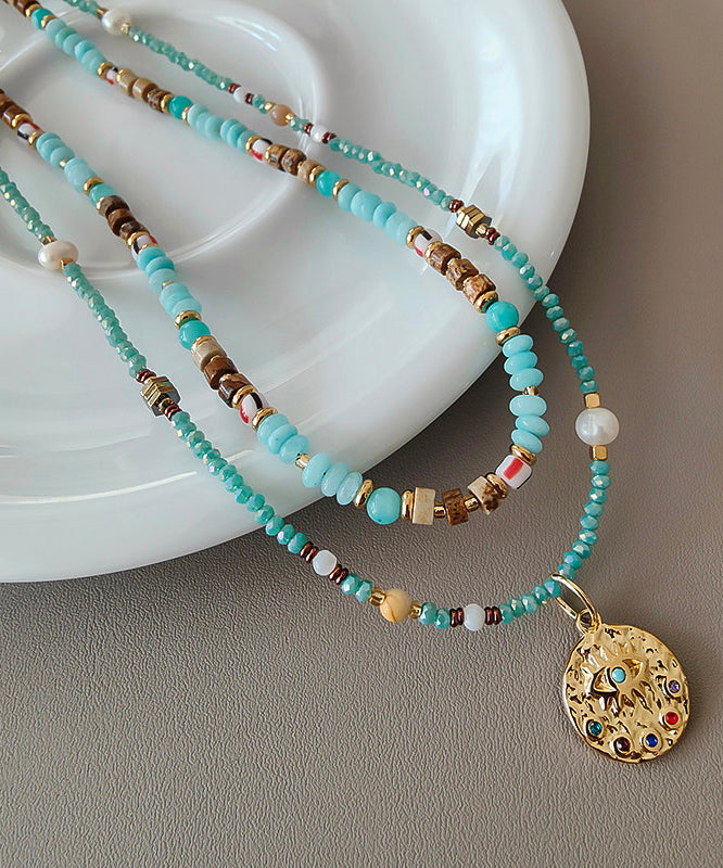 Art Double Layered Stacking Turquoise Pendant Necklace Two Piece Set