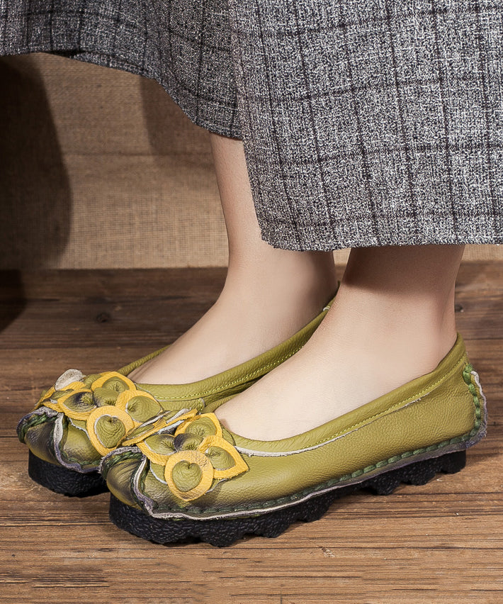 Art Flower Flat Shoes Green Cowhide Leather