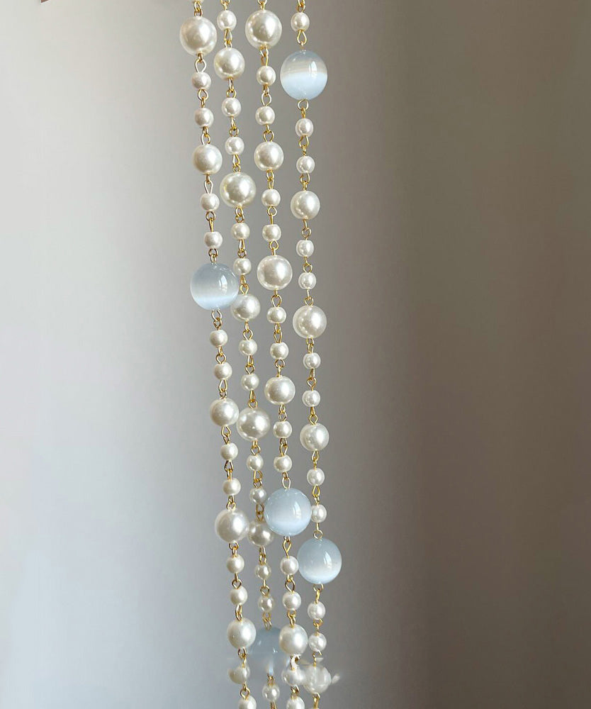 Art Gold Alloy Pearl Cat's Eye Stone Layered Gratuated Bead Necklace