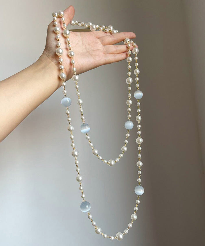 Art Gold Alloy Pearl Cat's Eye Stone Layered Gratuated Bead Necklace