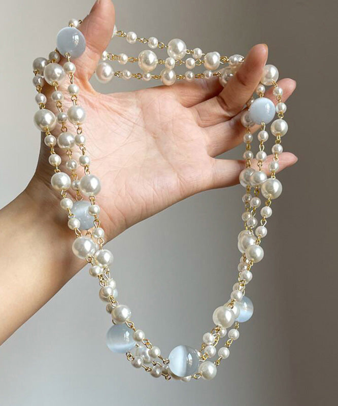 Art Gold Alloy Pearl Cat's Eye Stone Layered Gratuated Bead Necklace