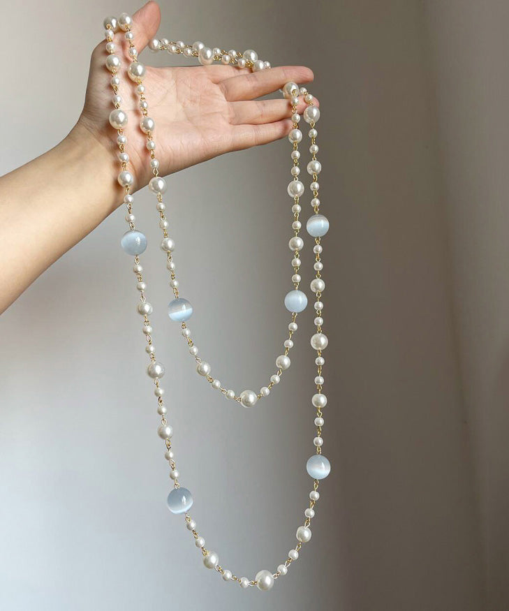 Art Gold Alloy Pearl Cat's Eye Stone Layered Gratuated Bead Necklace