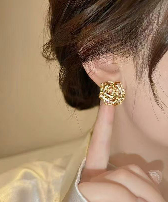 Art Gold Copper Overgild Hollow Out Floral Stud Earrings