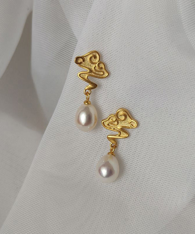 Art Gold Copper Overgild Pearl Auspicious Clouds Drop Earrings