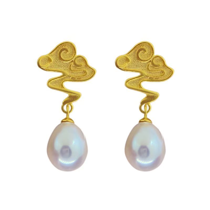 Art Gold Copper Overgild Pearl Auspicious Clouds Drop Earrings
