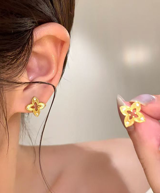 Art Gold Copper Overgild Zircon Floral Hollow Out Stud Earrings