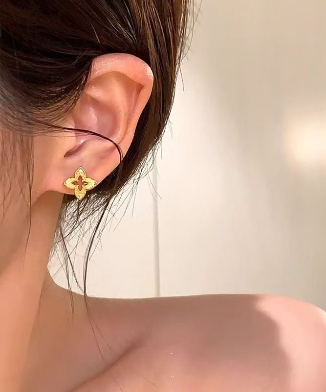 Art Gold Copper Overgild Zircon Floral Hollow Out Stud Earrings