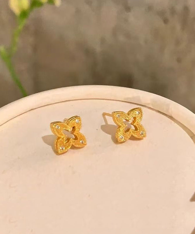 Art Gold Copper Overgild Zircon Floral Hollow Out Stud Earrings
