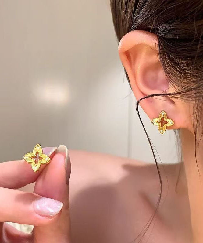 Art Gold Copper Overgild Zircon Floral Hollow Out Stud Earrings
