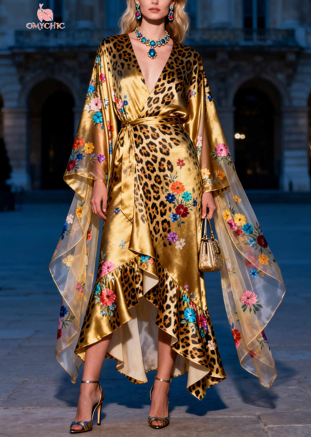 Art Golden Asymmetrical Print Silk Tunic Dress Summer