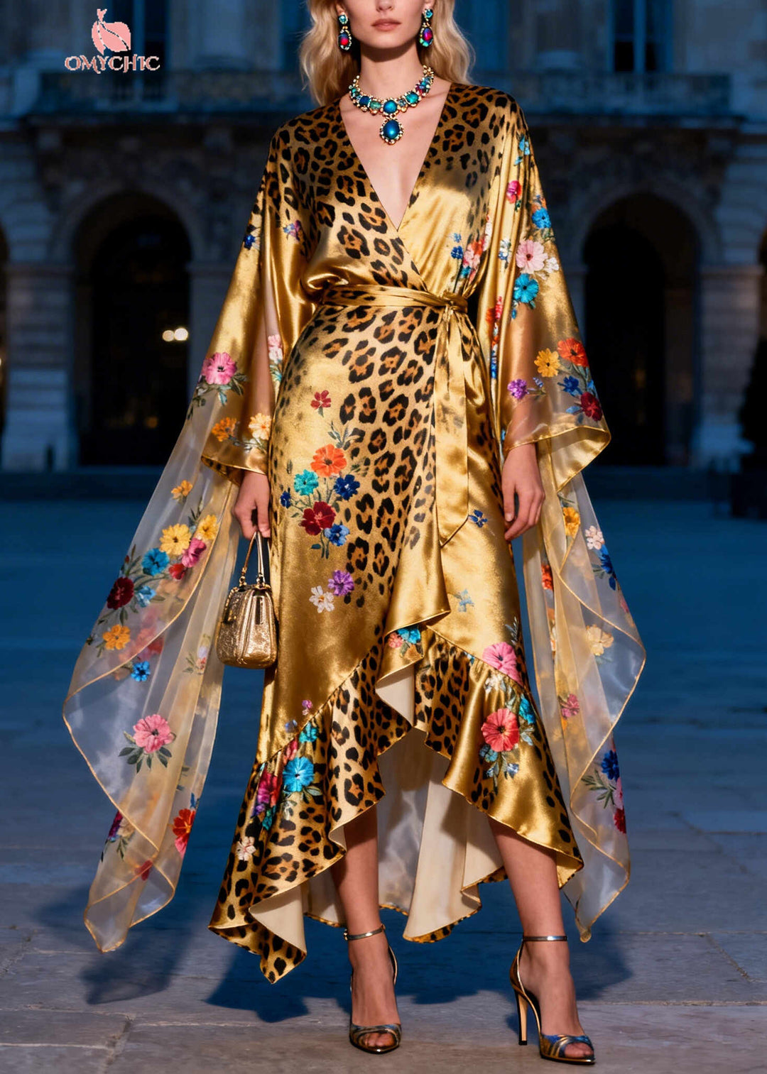 Art Golden Asymmetrical Print Silk Tunic Dress Summer
