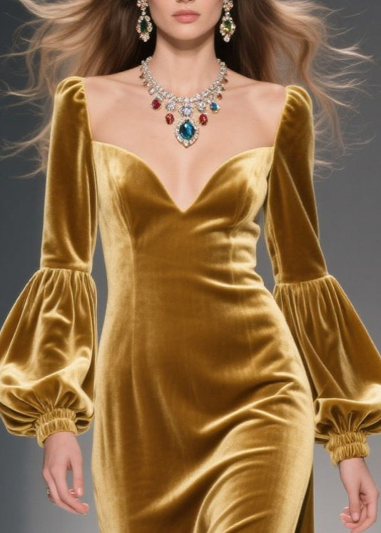 Art Golden Bustier Top Side Open Silk Velvet Maxi Dresses Lantern Sleeve