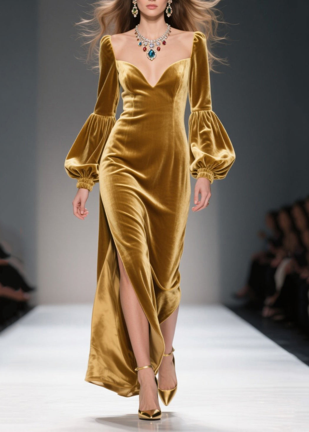 Art Golden Bustier Top Side Open Silk Velvet Maxi Dresses Lantern Sleeve