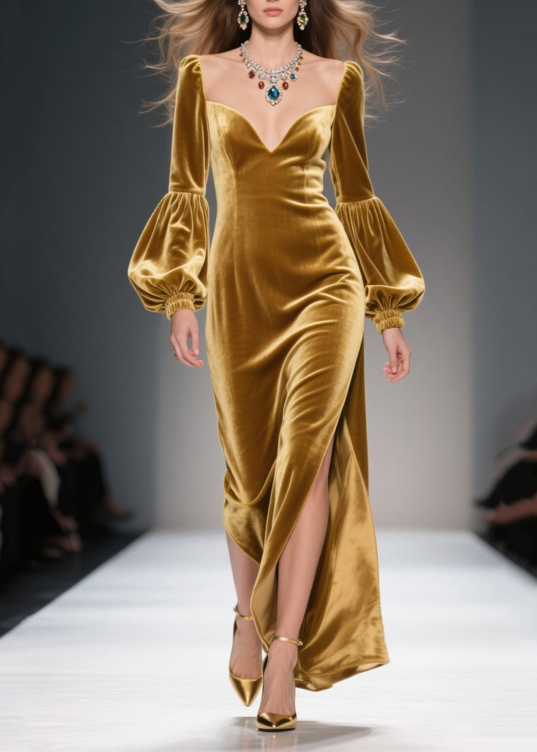 Art Golden Bustier Top Side Open Silk Velvet Maxi Dresses Lantern Sleeve