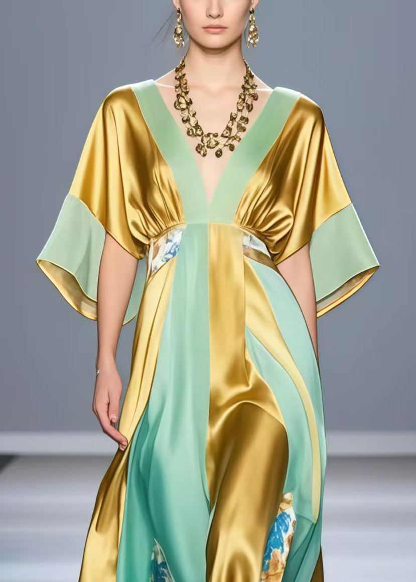 Art Golden V Neck Patchwork Print Silk Long Dresses Summer