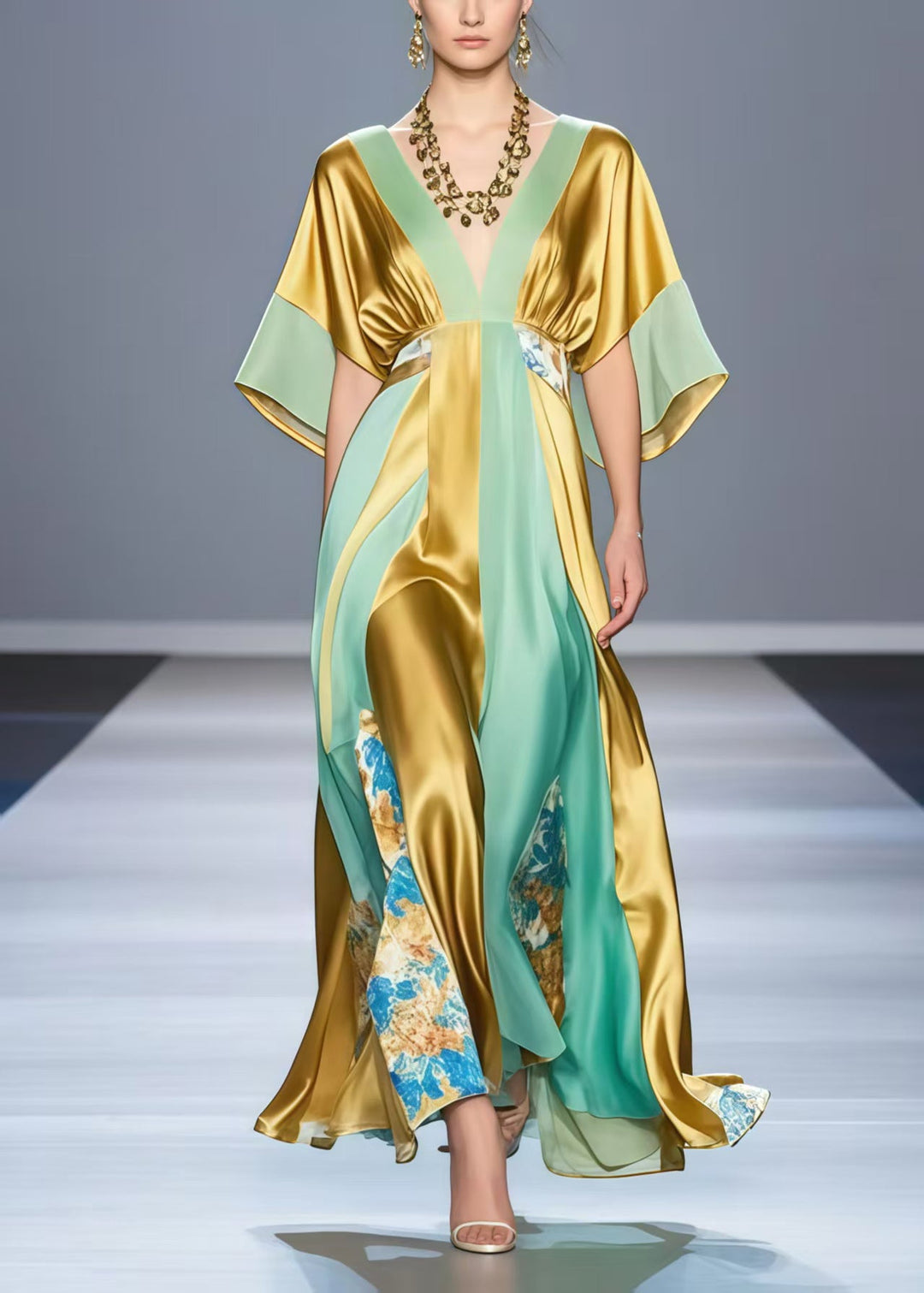 Art Golden V Neck Patchwork Print Silk Long Dresses Summer