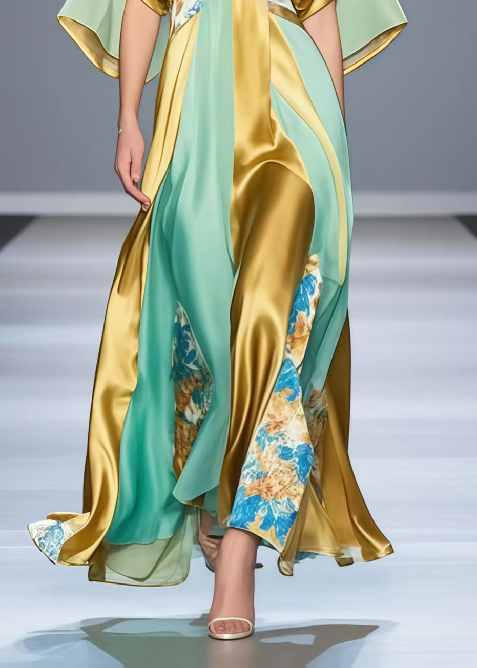 Art Golden V Neck Patchwork Print Silk Long Dresses Summer