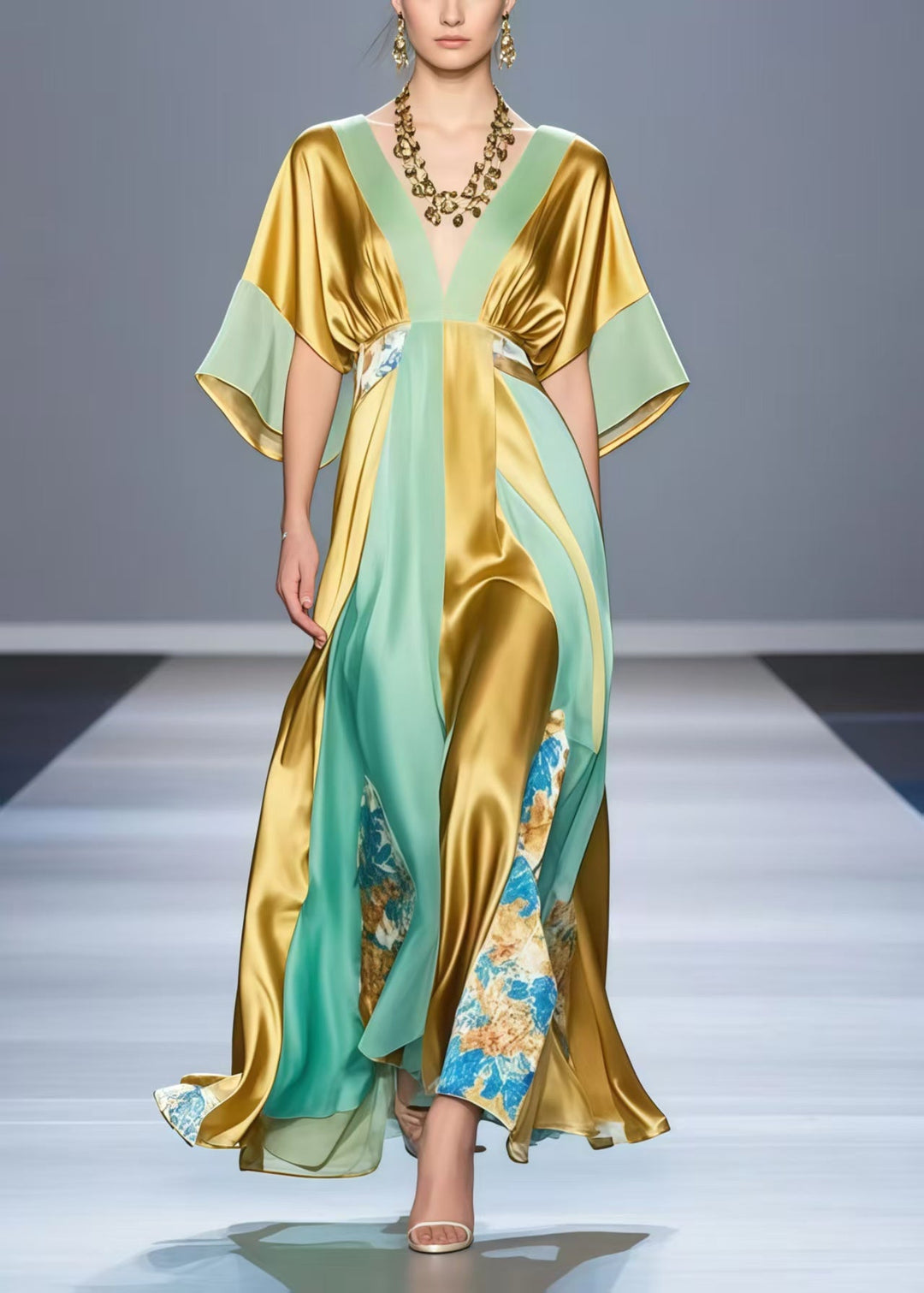 Art Golden V Neck Patchwork Print Silk Long Dresses Summer