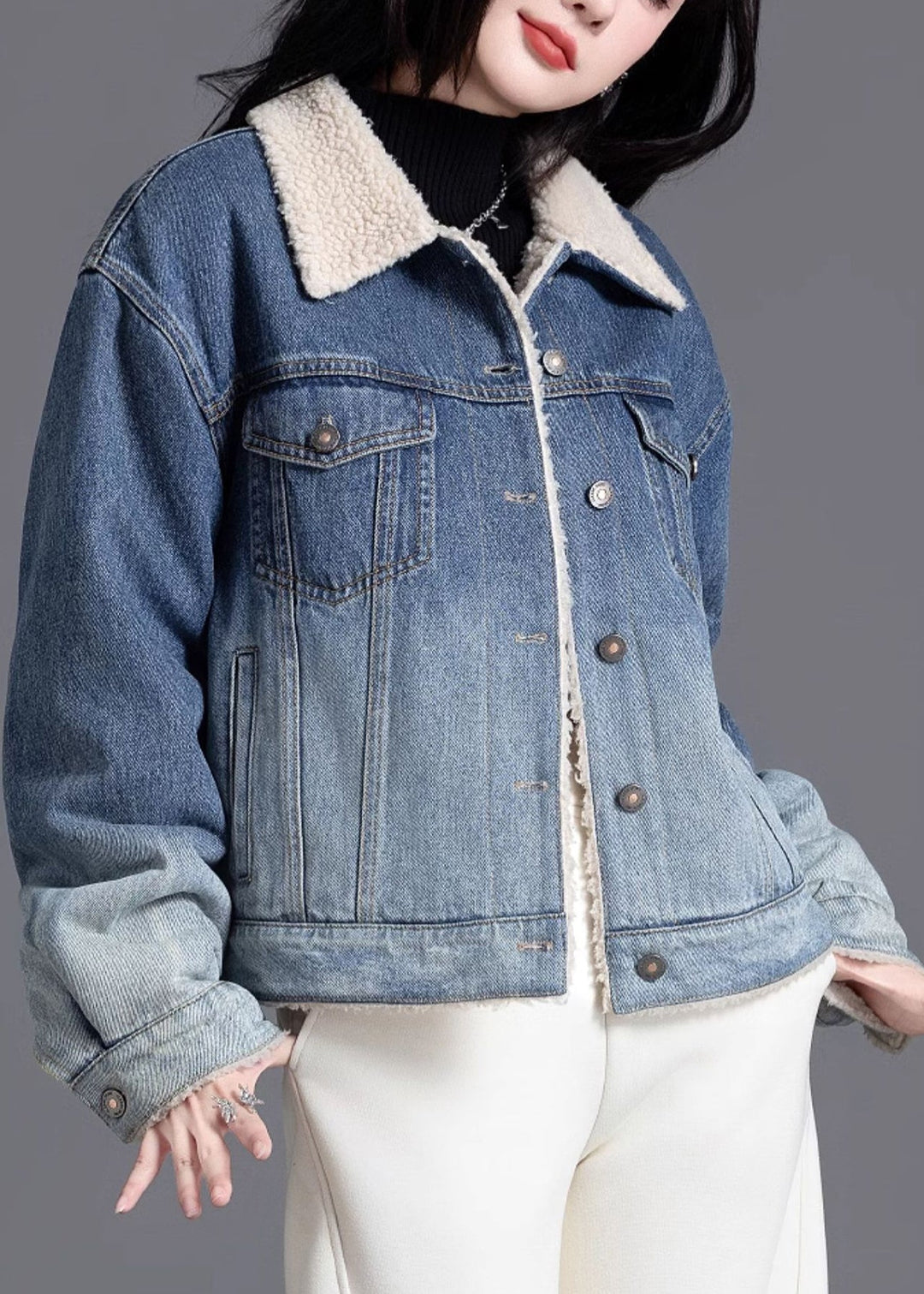 Art Gradient Blue Peter Pan Collar Fleece Wool Lined Denim Coats Winter